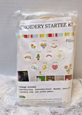 Embroidery Starter Kit Instruction Pamphlet 5 hoops cloth printed patterns New