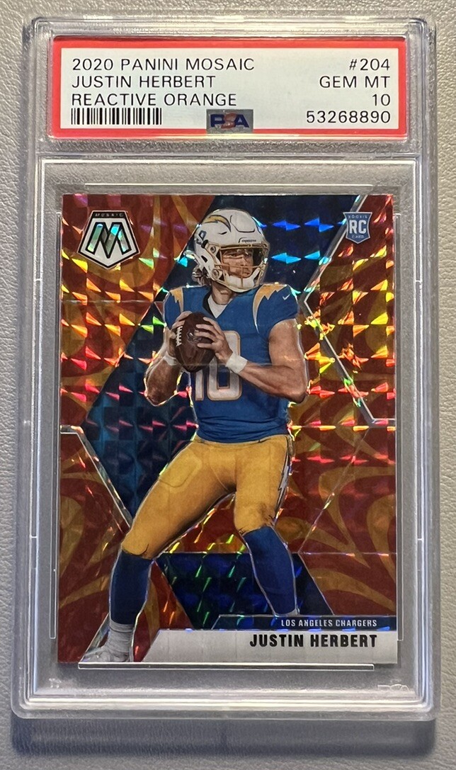 2020 Panini Mosaic Justin Herbert Reactive Orange Rookie RC #204 PSA 10 Gem Mint