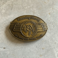 Vintage brass running American Indian oval belt buckle Billy Mills olympics