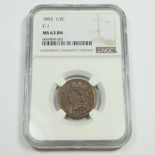 1853 P NGC MS63 BN Brown - Braided Hair Half Cent 1/2c US Coin #48224A