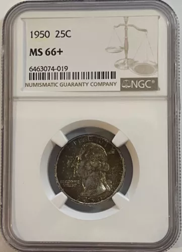 1950 Washington 25C (#14986) NGC MS MS66+ Beautiful toning.