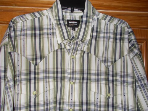 RESISTOL RODEO GEAR MENS SIZE XL GREEN BLUE PLAID LONG SLEEVE PEARL SNAP SHIRT - Picture 2 of 3
