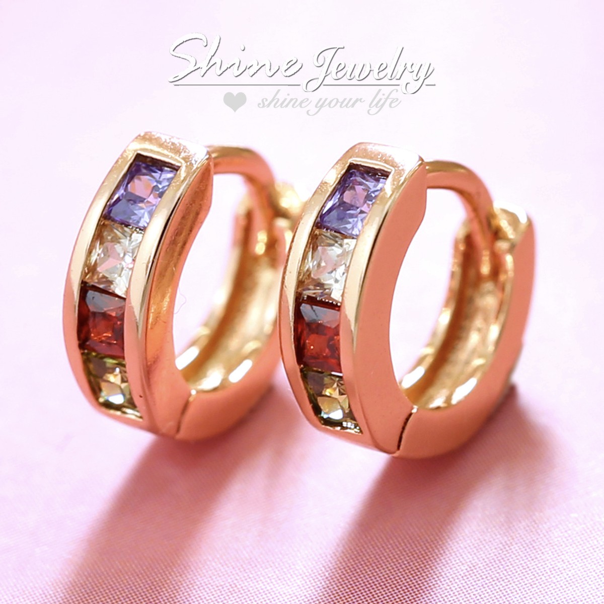 18K ROSE GOLD GF RAINBOW CRYSTAL WOMENS GIRLS SOLID MINI HOOP