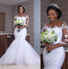 African Luxury Beading Mermaid Wedding Dress Long Sleeve Appliques Pearls Bridal
