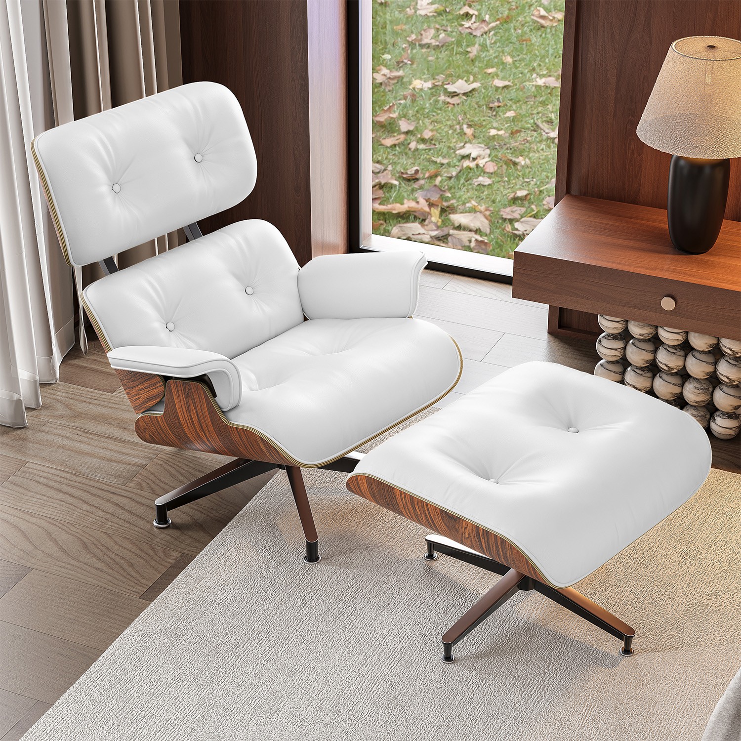 Used Mid Century Tall Eames Chaise Lounge Chair and Ottoman White Real Leather