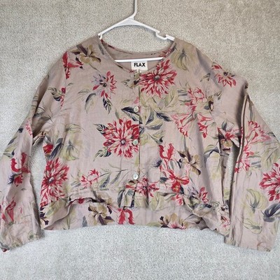 FLAX Womens Top Linen Floral Button Front Crop Cardigan Tan Red Large