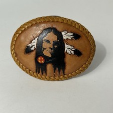 Hand Tooled Leather Belt Buckle W/Indian Motif Vintage