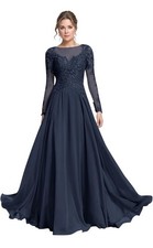Chiffon Long Sleeve Mother of The Bride Dress Scoop Neck Sequin Laces Applique