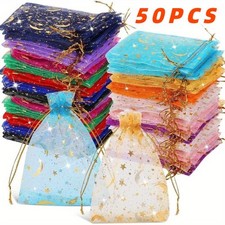 50pcs Moon Stars Drawstring Organza Bags Jewelry Gift Bags Pouches Gold Star Org