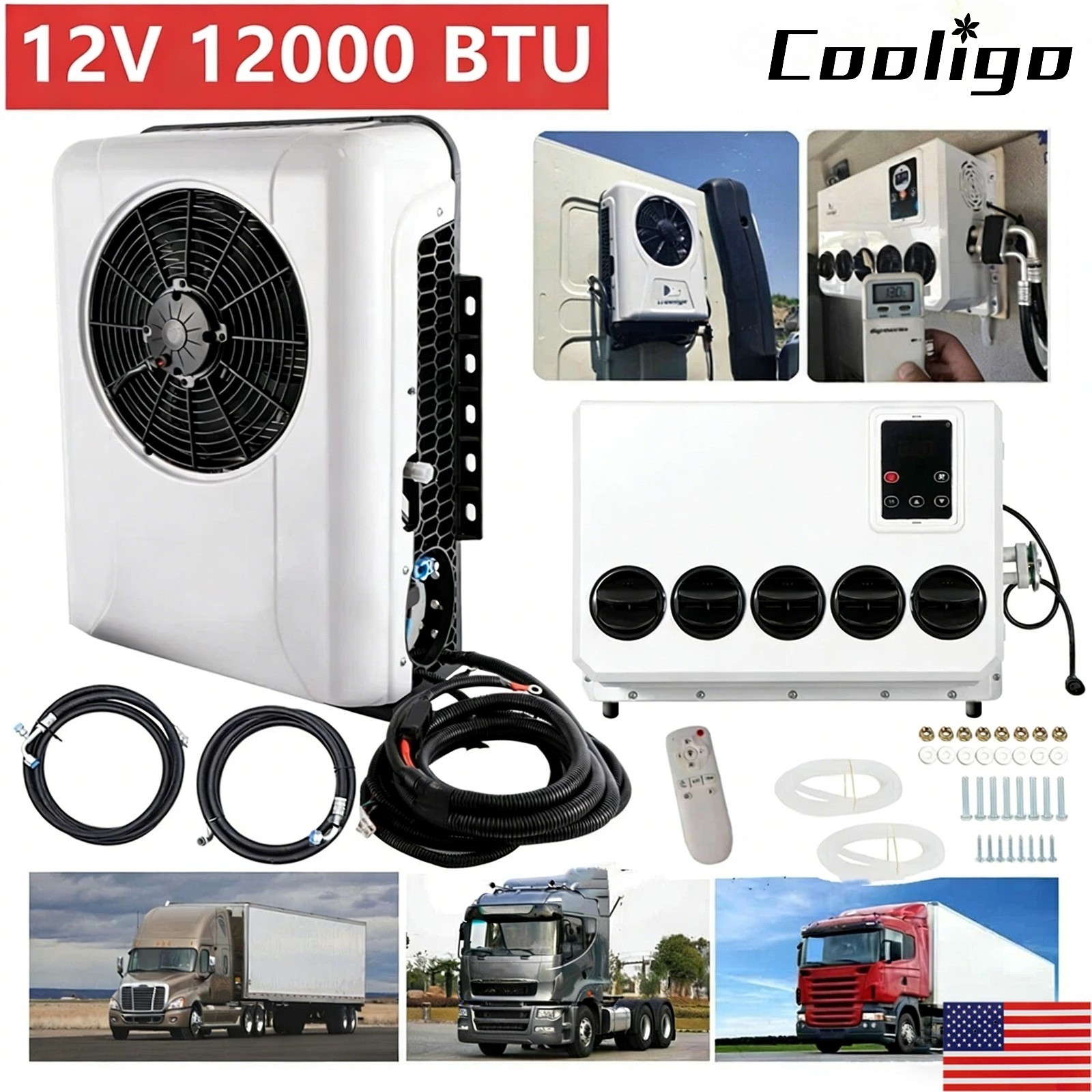 12V DC Split Air Conditioner 12000 BTU AC Kit Fit Cab Semi Truck Bus Caravan RV