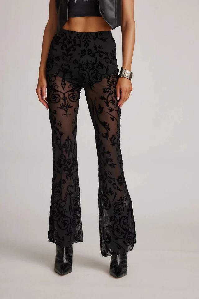 Pantalones acampanados 12th Tribe Midnight Hour de terciopelo negro Burnout, talla XS Foto 4 de 4