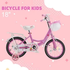 18" Children Princess Bicycle Girls Bike with Training Wheels Basket Pink