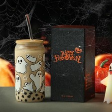 Halloween Ghost Fall Glass Cup with Lid Straw Gifts for
