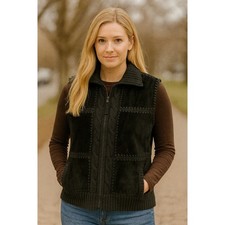 Designers Studio Originals Leather Vest Womens Large Black Patchwork Sweater Zip