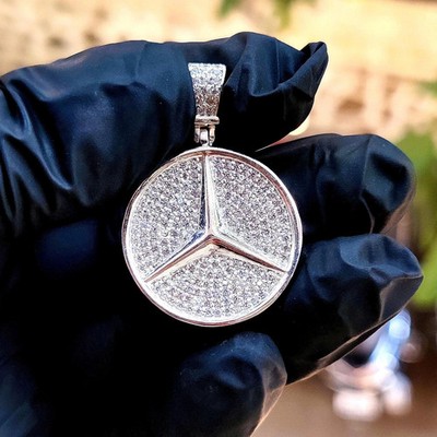 5Ct Round Cut Lab-Created Diamond Hip Hop Mercedes Pendant 14K White Gold Plated