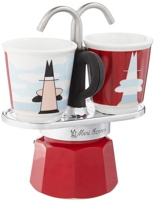 Bialetti Mini Express Magritte 2 Cup Moka Set Red 2 Shot Glasses Limited Ed.