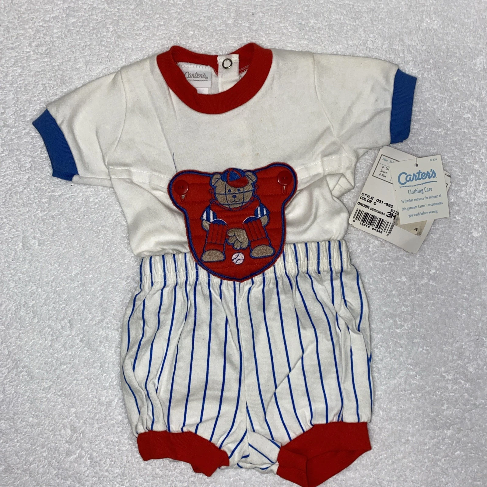 Vintage 90's Carters Baby Set Baseball Catcher White Red Blue 0/3m NWT