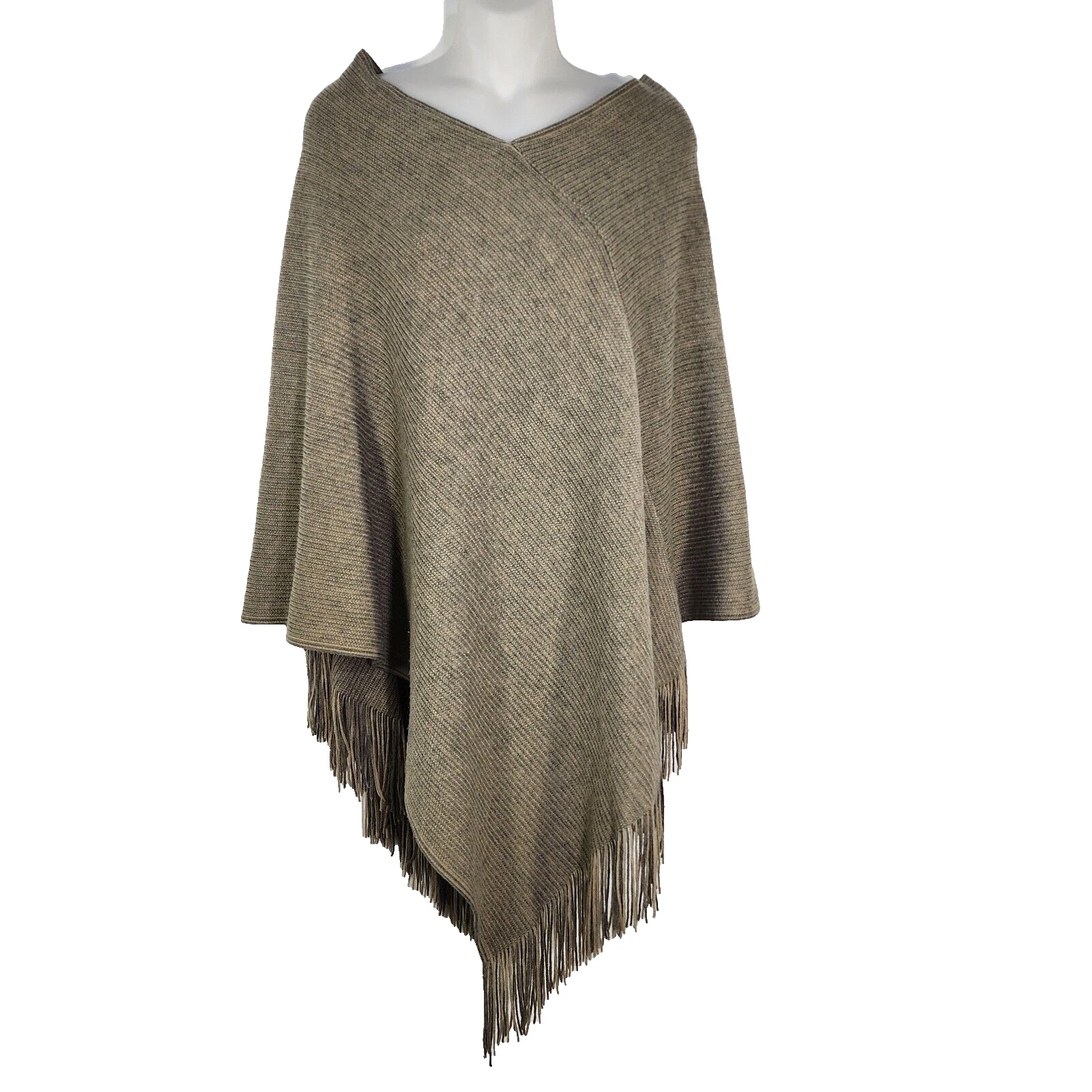 Steve Madden Poncho Women One Size Fringe Ribbed Pullover Knit Fall V Neck Brown