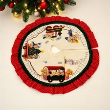 VTG Mini Cross Stitch Finished Christmas Tree Skirt Teddy Bear Train 9"