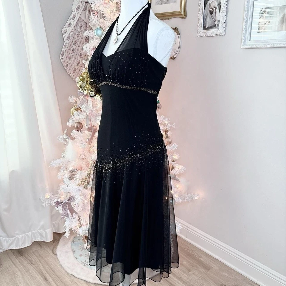 Vestido halter vintage años 2000 xscape negro y dorado con cuentas 100% seda Foto 2 de 4