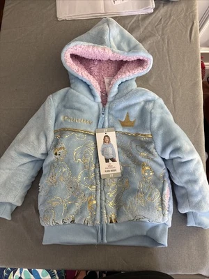 Disney Princess Plush Hoodie – Blue w/ Pink Fleece Lining & Gold Design Size 3T - Image 1 of 4