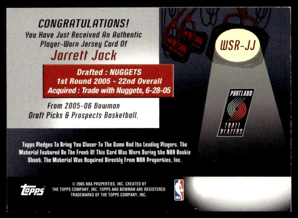 2005-06 Bowman Welcome to the Show Relics Jarrett Jack Rookie Portland Trail Foto 2 de 2