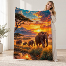 Elephant Family Savanna Sunset Coral Fleece Blanket Wildlife Lover Gift