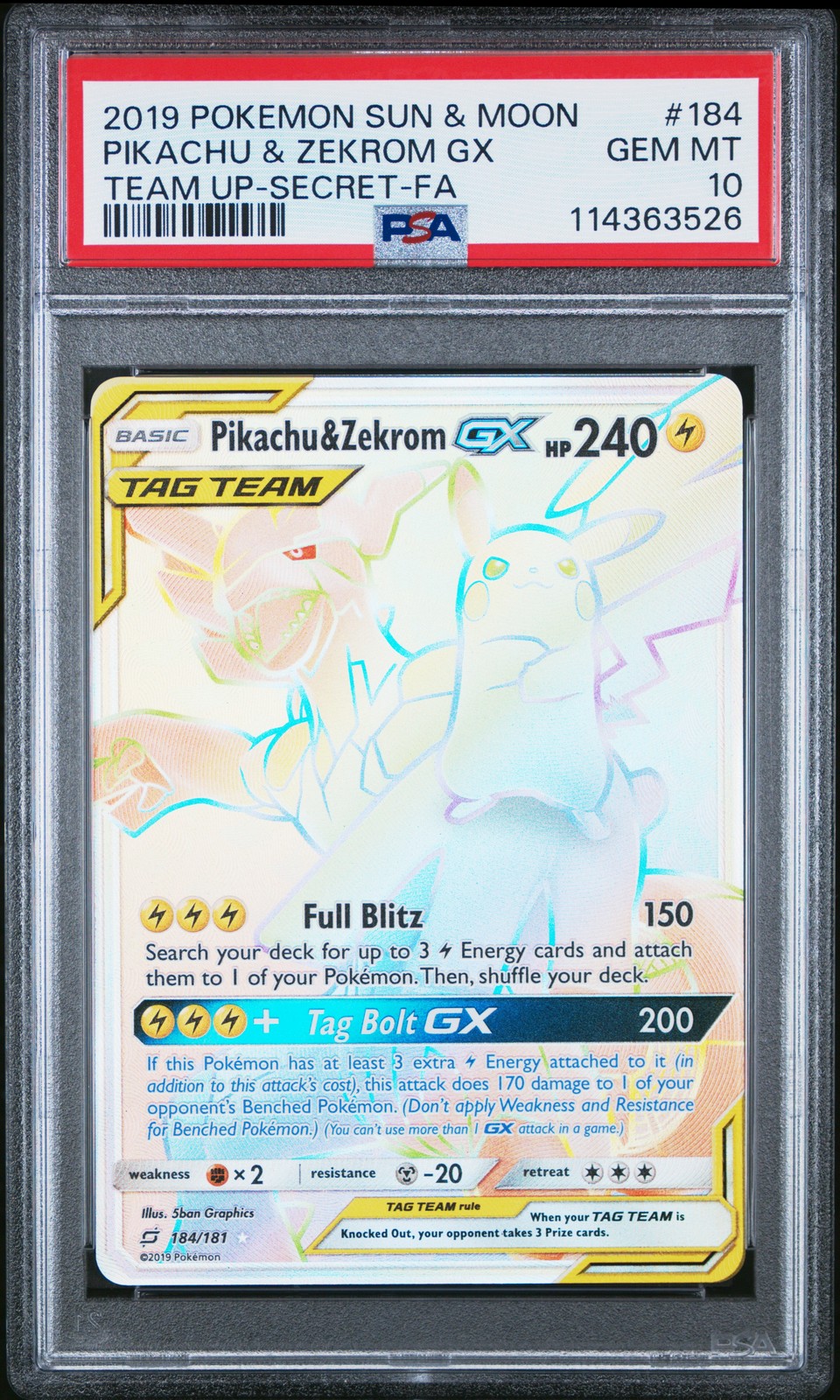 2019 POKEMON SUN & MOON TEAM UP SECRET #184 FULL ART/PIKACHU & ZEKROM GX PSA 10