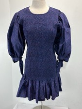 Oliphant Smocked Morocco Mini Dress Women’s M Blue Puff Tie Sleeves Stretch