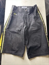 Vintage Paco Jeans Shorts Black Yellow Baggy Waist 33
