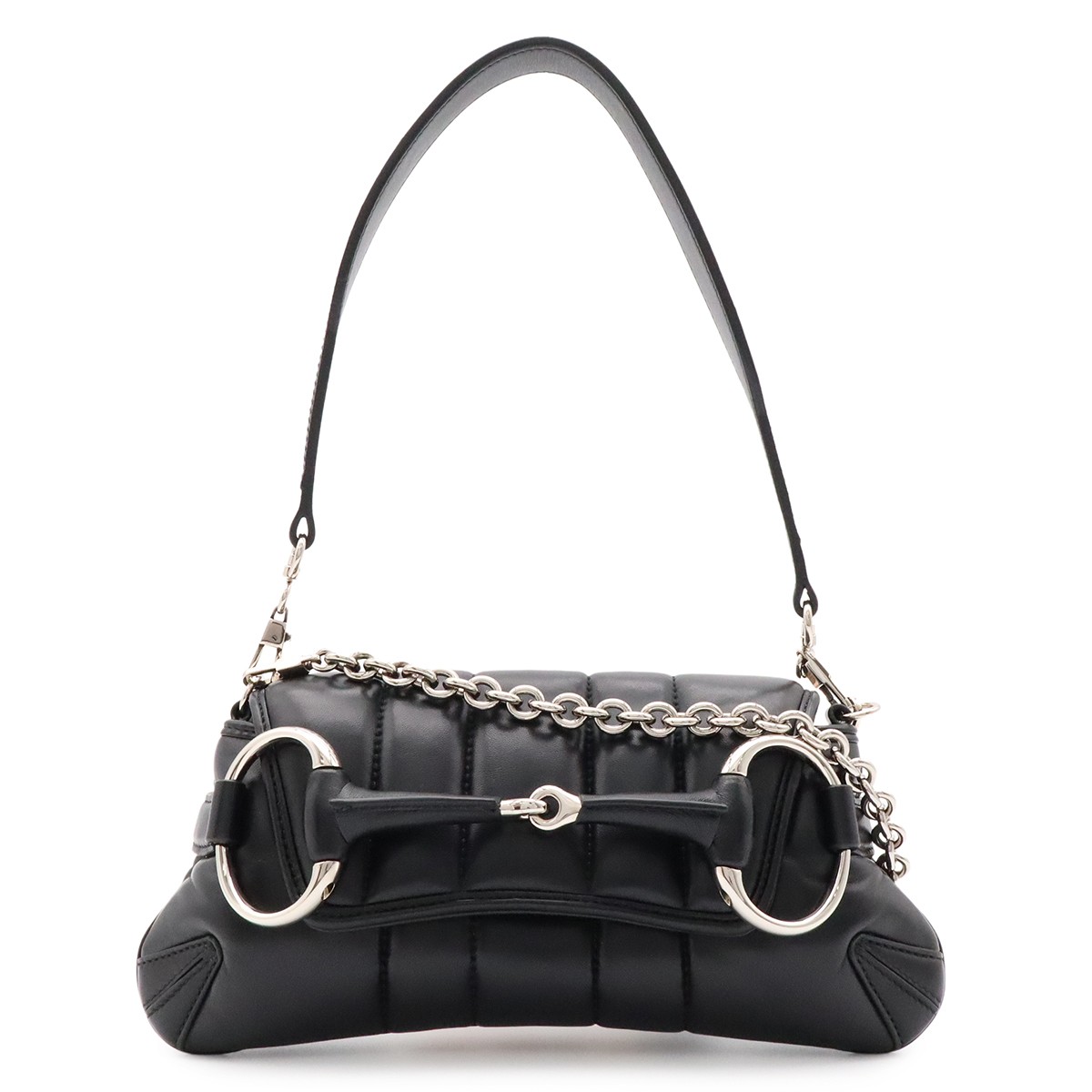 GUCCI Horsebit Small Chain Shoulder Bag One Hand 2 Way Clutch Leather Black 1871