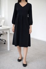 Old Navy Black Midi Dress M V-Neck 3/4 Sleeve Minimalist Chic Capsule wardrobe