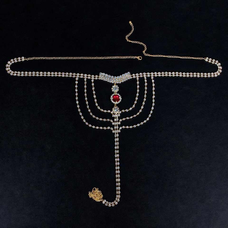 Sexy conjunto de cadena corporal de bikini con estrás de bikini rubí de moda para mujer Foto 3 de 4