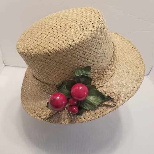 Vtg Donna Karan DKNY Woven Straw Hat Red Cherries Women's Sz Small/Med Beach - Picture 2 of 9