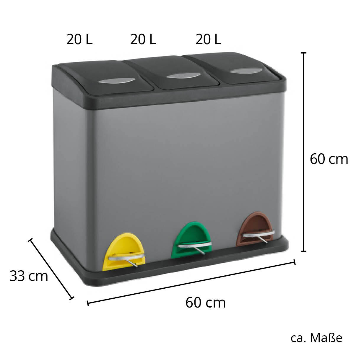 SVITA TC3X20 Pedaalemmer, 60 liter, 3 x 20 l, drievoudige XXL afvalemmer, 3-delige vuilnisemmer, afvalscheiding, keukenemmer (wit