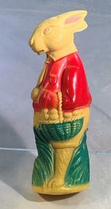 Vtg-Celluloid-Bunny-Rabbit-With-Basket-Red-Jacket-Green-Grass-Good-Condition-TOY
