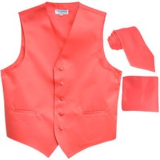 New Men's Coral formal vest Tuxedo Waistcoat necktie hankie set wedding party