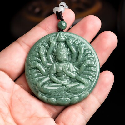 Guanyin Buddha Round Pendant Natural Grade A Jade Jadeite Green Thousand-handed