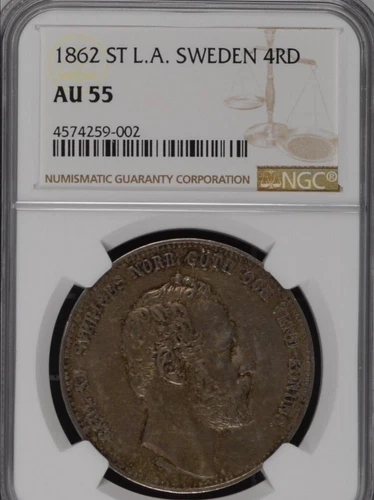 1862 ST Sweden, 4 Riksdaler Riksmynt, NGC AU55 KM711