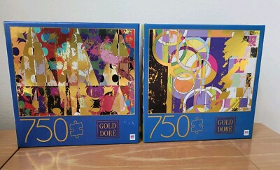 Milton Bradley Gold Dore 750pc Puzzles Abstract Art Circles & Triangles Lot Of 2