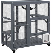 Cat House Wooden Indoor Catio Pet Enclosure on Wheels with Platforms Hammock