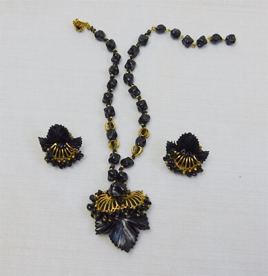 Vintage Miriam Haskell Black Gold Bakelite And Bead Necklace & Clip Earrings Set