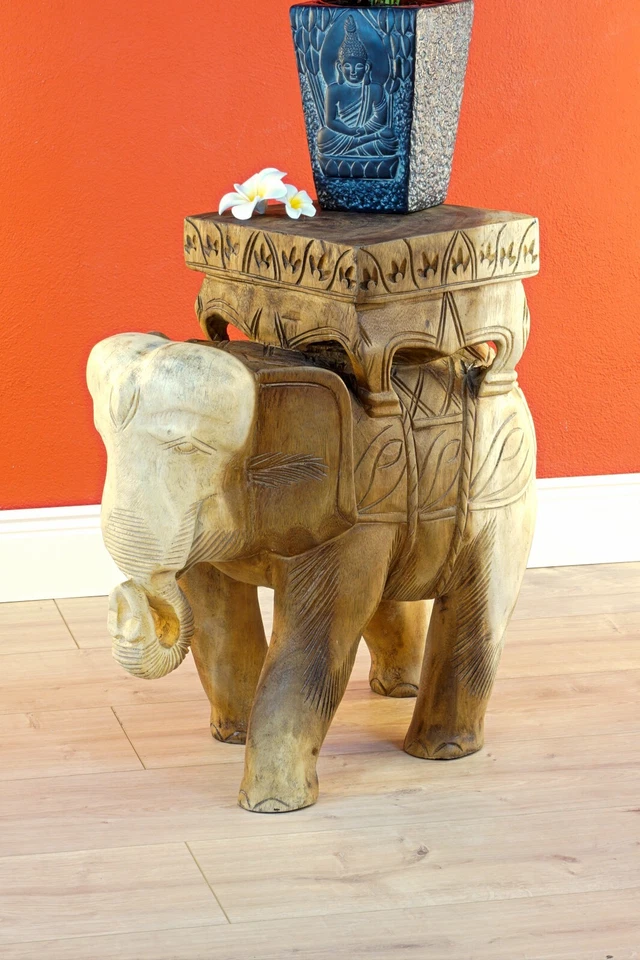 Table D'Appoint Éléphant Nature Acacia Massif Bois Fleurs Tabouret Sculpture - Photo 3/4