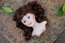 Bisque Porcelain Head Shoulder Plate Doll Blue Glass Eyes Brunette Curls