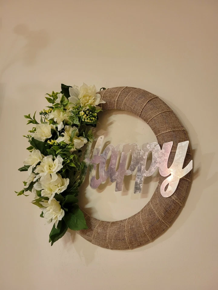 FELIZ branco verde Dália Zinnias estopa GRINALDA flores decoração porta da frente 16" novo - Imagem 4 de 4