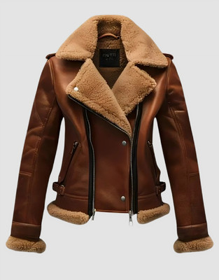 Womens Shearling Lined Aviator Biker Jacket | Brown Genuine Leather Winter Custo