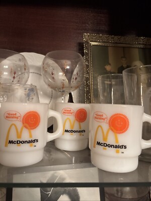 3 NICE Vintage 70s McDonalds Fire King Anchor Hocking Sun Milk Glass Coffee Cups
