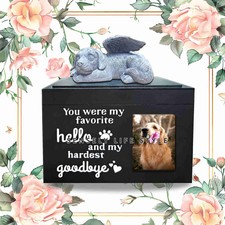 US Pet Urn for Dog Ashes w/ Dog Angle Statue Wooden Cremation Box Memorial Gifts
