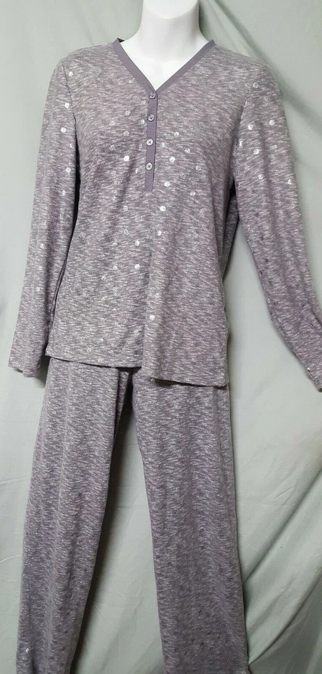 Charter Club Gray Silver Pajama Set Polka Dots Long Sleeve Long Pant XS 36" BUST - Image 2 of 4