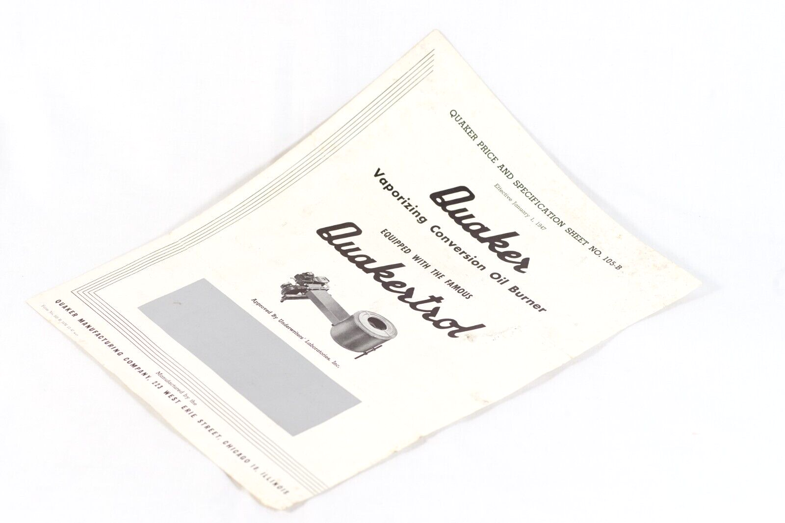 1947 QUAKER OIL BURNER Price u0026amp; Specification Sheet No. 105B Quakertrol  | eBay
